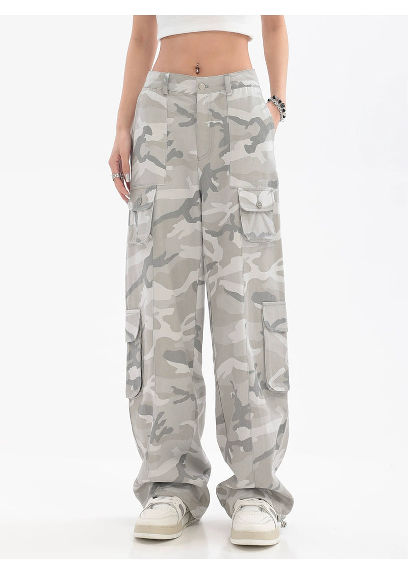 Hip Hop Gray Camouflage Wide Leg Straight Cargo Pants