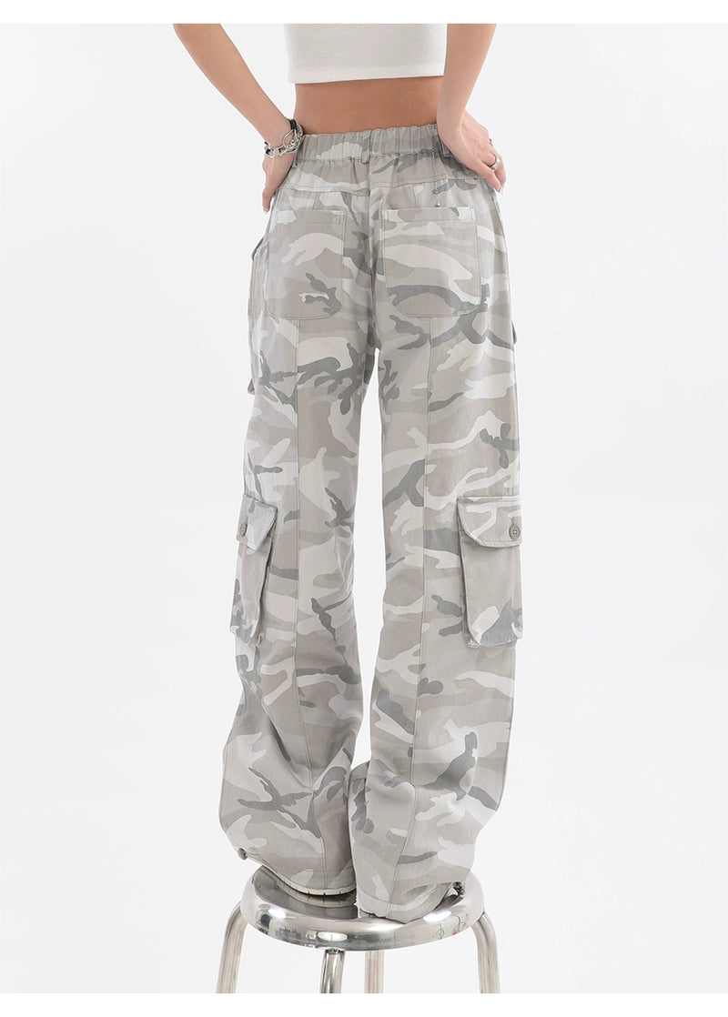 Hip Hop Gray Camouflage Wide Leg Straight Cargo Pants