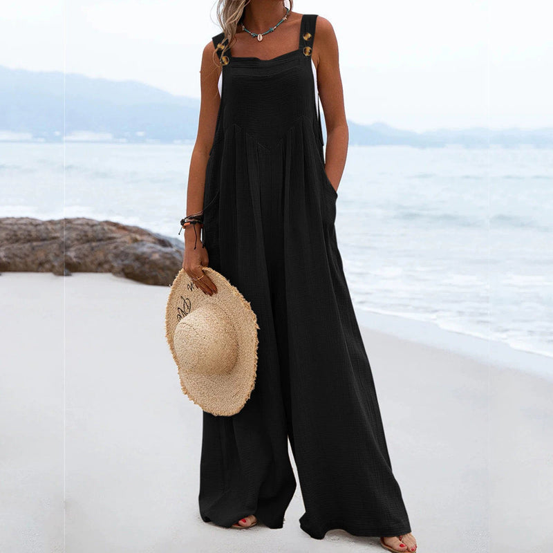 Solid Button Strap One-Piece Culotte