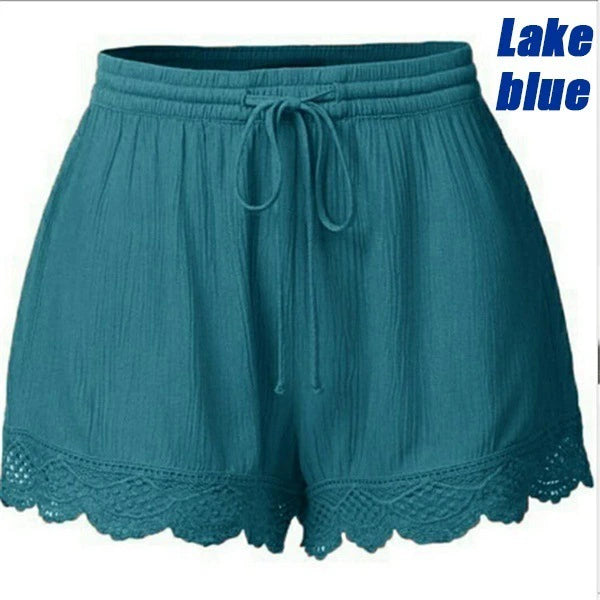 Women's Summer Ribbed Fabric Lace Rope Tie Shorts