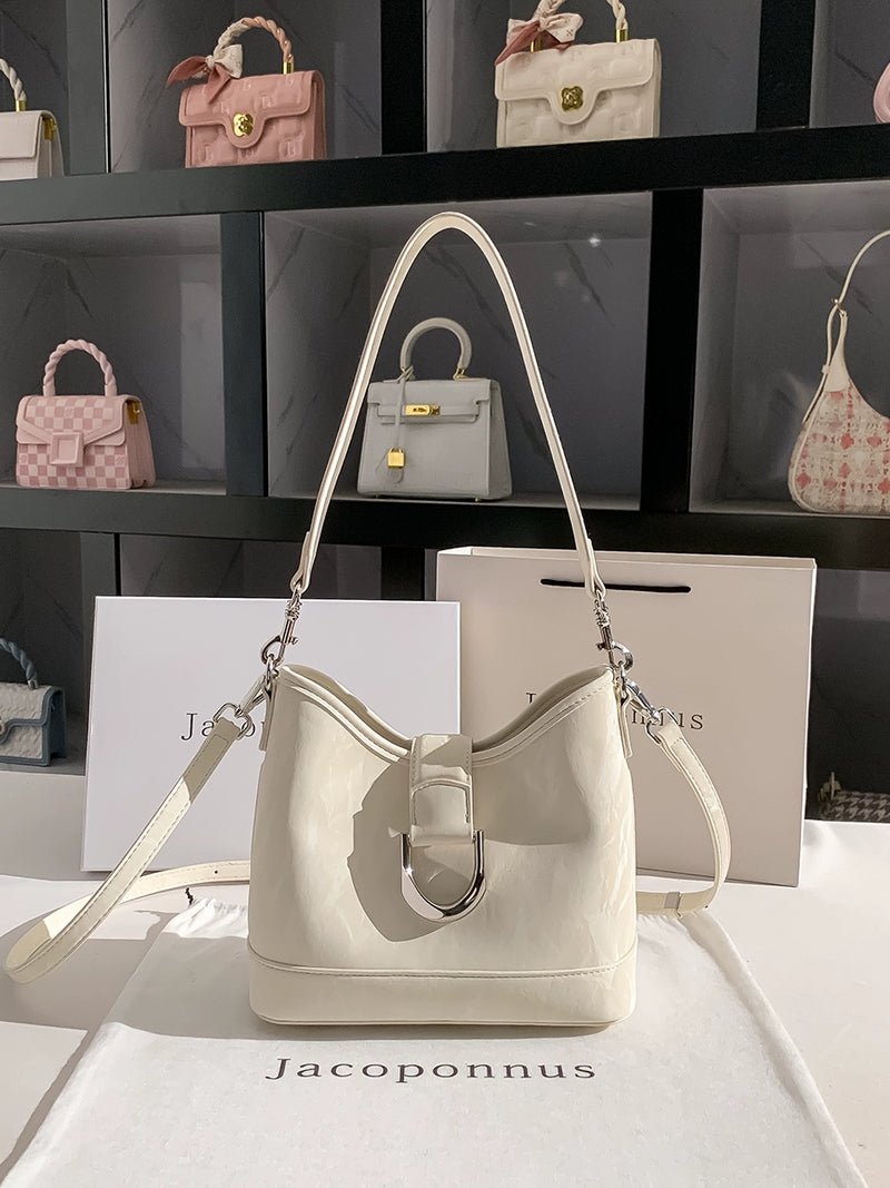 Genuine Leather Crossbody White Bucket Bag