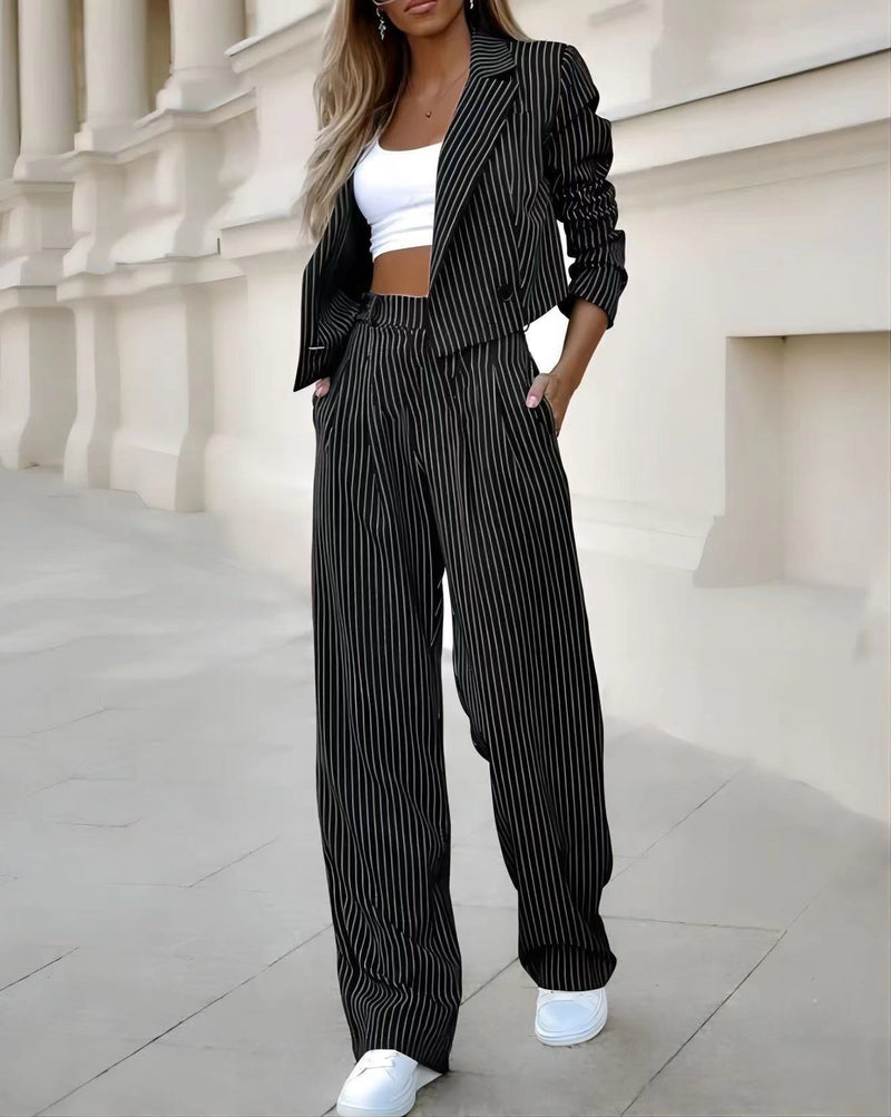 Long Sleeve Turn Down Collar Cardigan with Wide Leg Pants Set