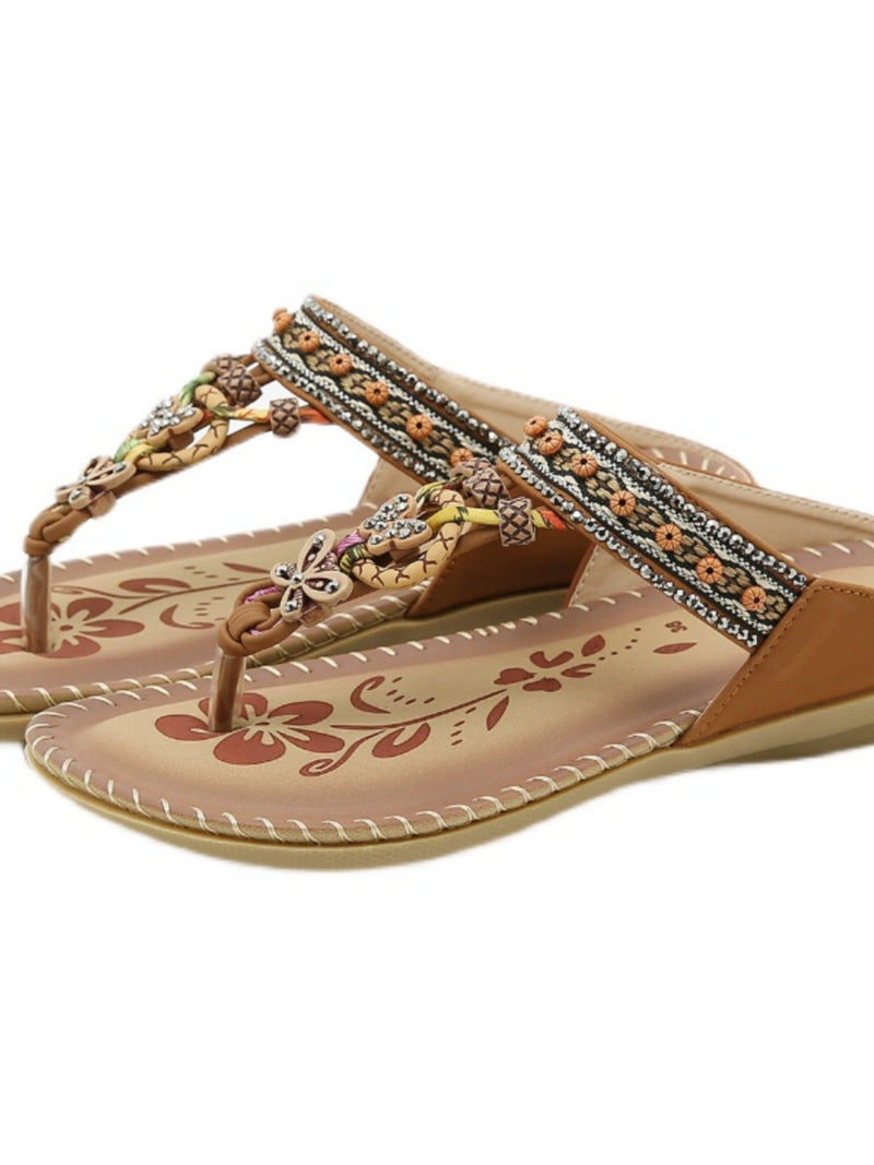 Ethnic Style Beaded Flat Bottom Flip-Flops