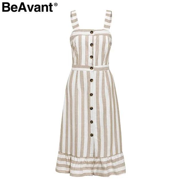 BeAvant Button Striped Linen Cotton Dress