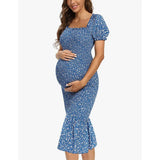 Maternity Square Collar Short Sleeve Midi Long Dress