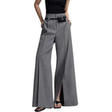 Grey Trousers Loose High Waisted Split-Front Pleated Wide Leg Classic Pants