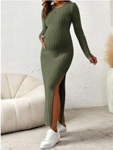 Long Sleeve Rib Knit Solid Color Maternity Dress