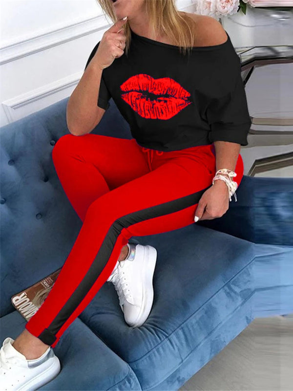 2-Piece Women's Tracksuit: Lips Print Top + Jogger Pants Set