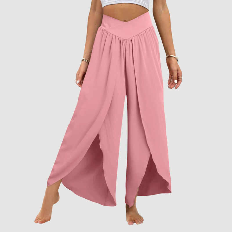 Wide Leg Pants with Front Slit High Waisted Pleated - Boho Beach Yoga Pants