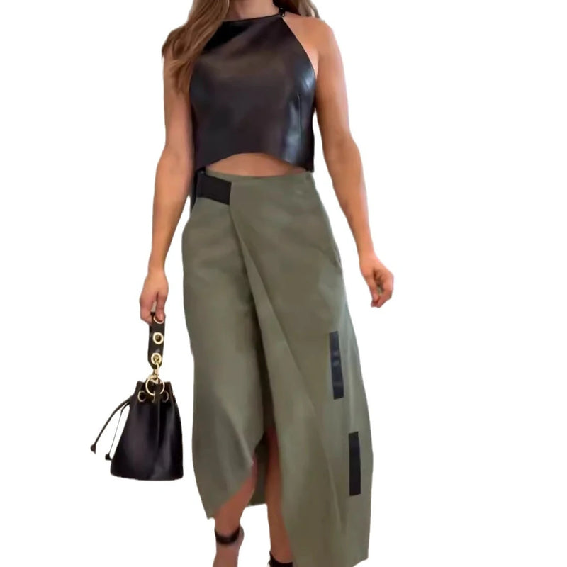 PU Crop Top with Straight Irregular Long Skirt