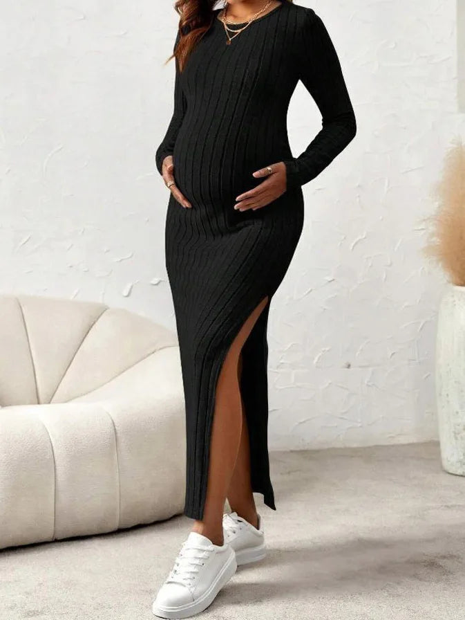 Long Sleeve Rib Knit Solid Color Maternity Dress