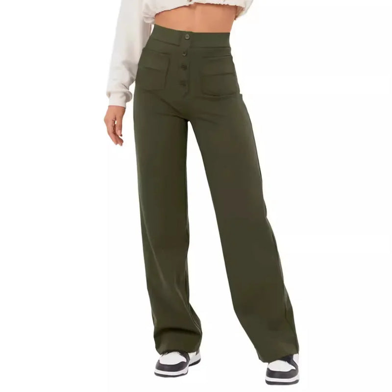 Fashionable New Women's Straight-leg Casual Pants - High-waisted, Buttoned, Elastic Waist with Multiple Pockets