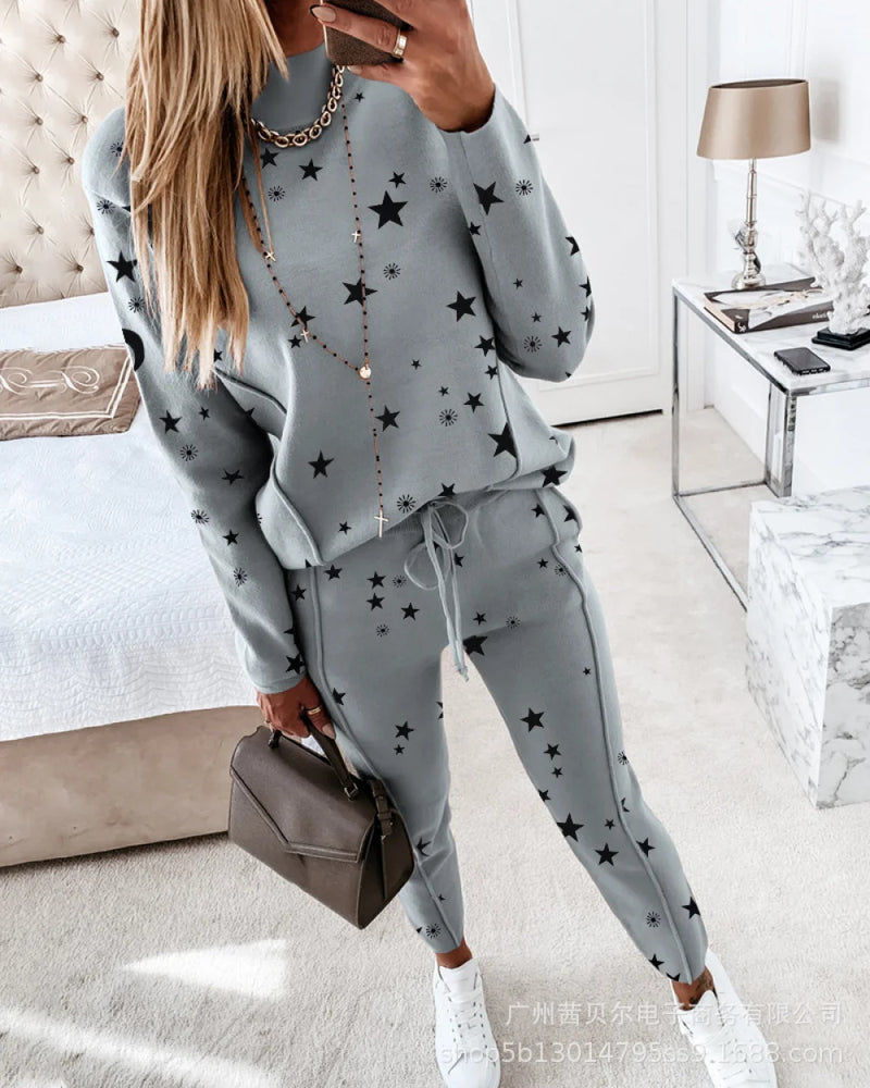 Khaki Love Sequin Top Casual Drawstring Pants Suit 