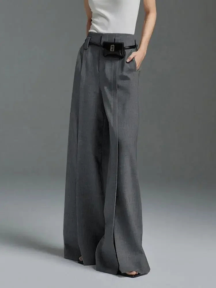 Grey Trousers Loose High Waisted Split-Front Pleated Wide Leg Classic Pants