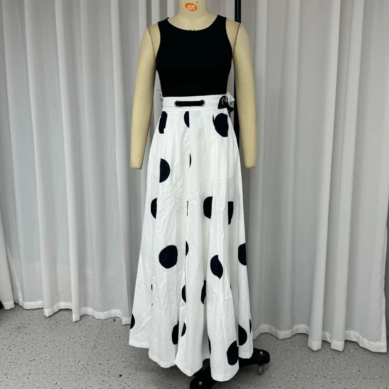 Office Chic Solid Sleeveless Round Neck Vest Top Loose Polka Dot Printed Long Skirt Set