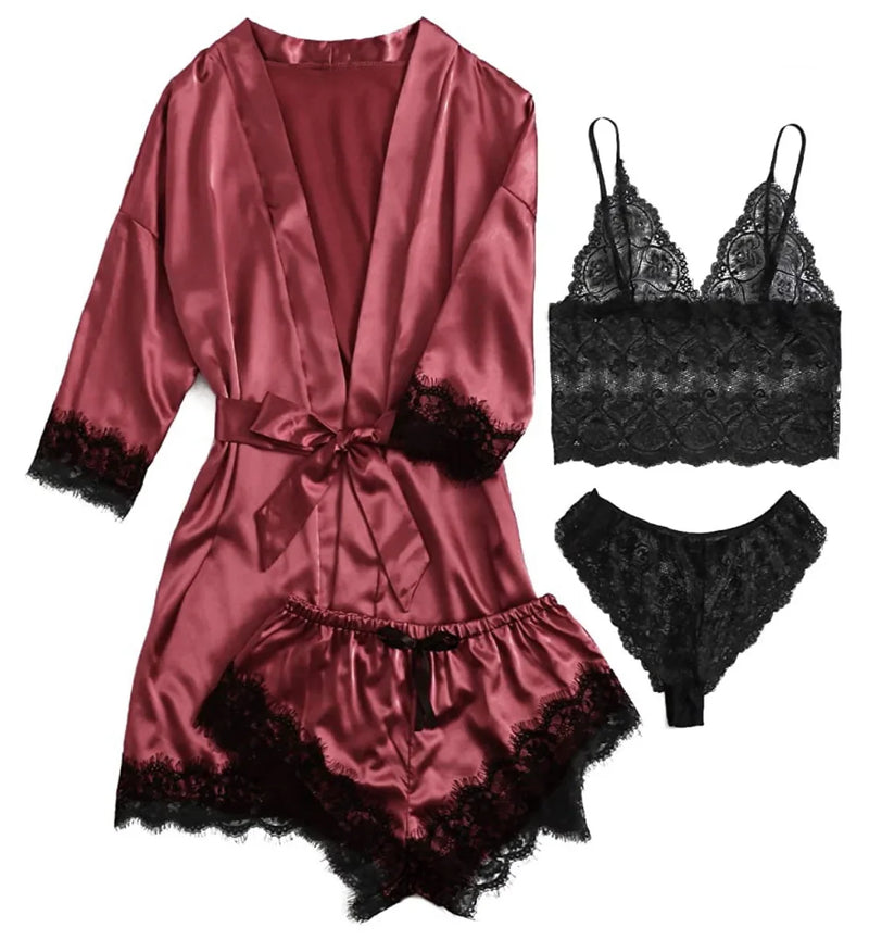 Lace Camisole, Shorts, and Robe Pajama Set