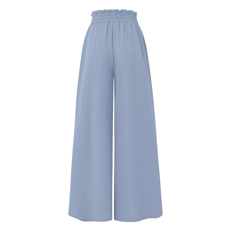 Casual Bandage Wide Leg Skirt Pants – Women's Elastic Waist Solid Color Culottes with Pockets