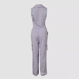 Notched Collar Striped Vest & Pocket Design Straight-Leg Pants Set