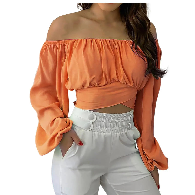 Off Shoulder Ruched Tie Back Crop Top