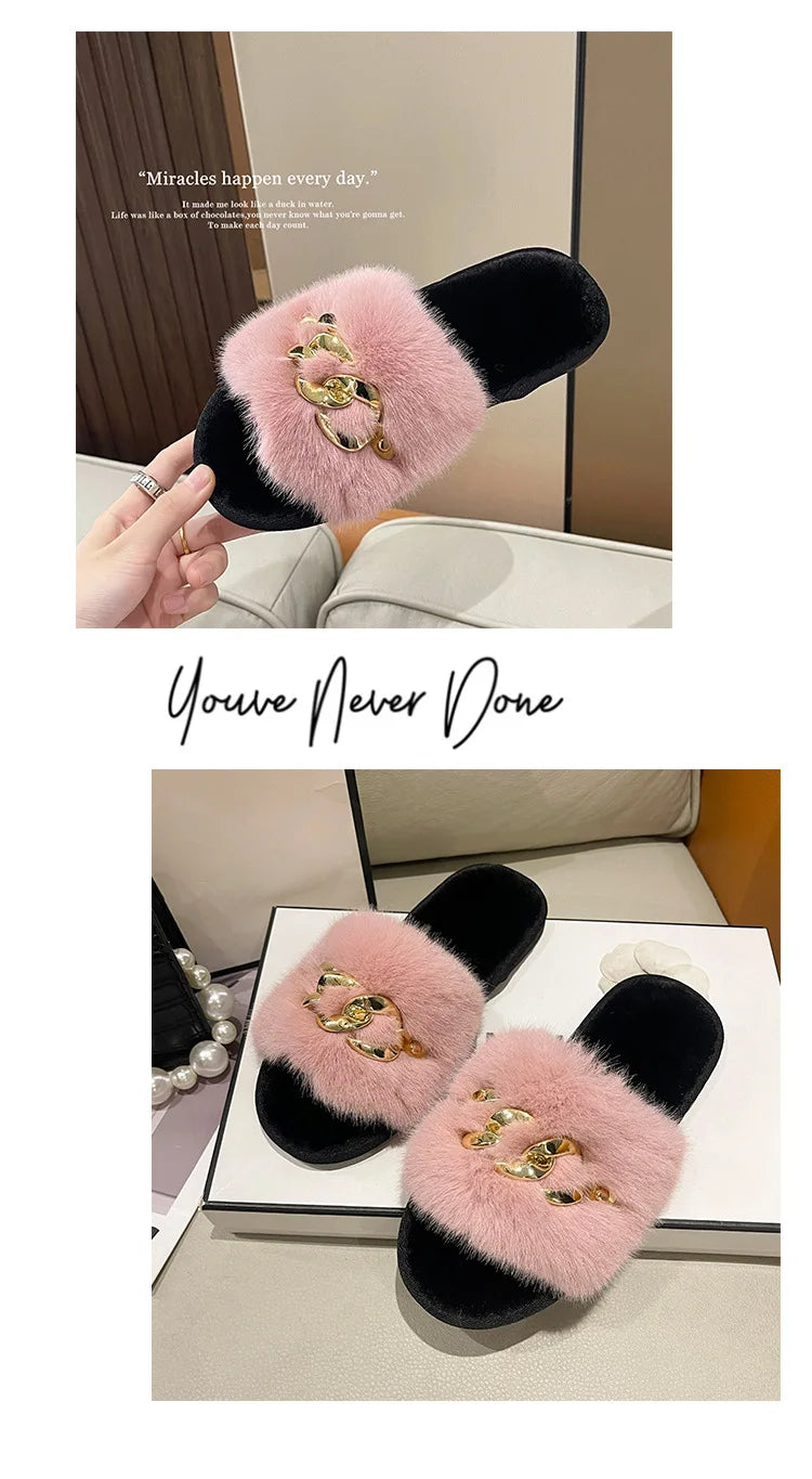 Fluffy Fur Slippers - Fashion Chain Design Women Home Slippers