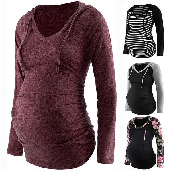 Women's Maternity Striped Print Hoodie