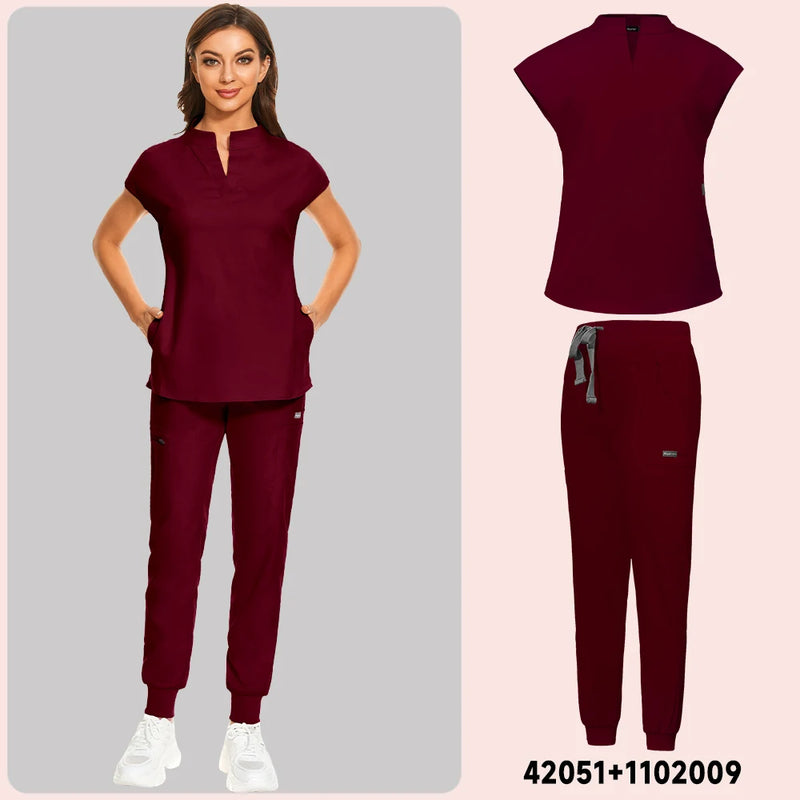 Stand Neck V-Cut Scrub Top & Jogger Pants Scrub Sets