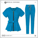 Women's Nursing Scrubs Sets - Zippered Top with Belt and Tapered Leg Pants