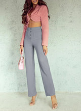 Fashionable New Women's Straight-leg Casual Pants - High-waisted, Buttoned, Elastic Waist with Multiple Pockets