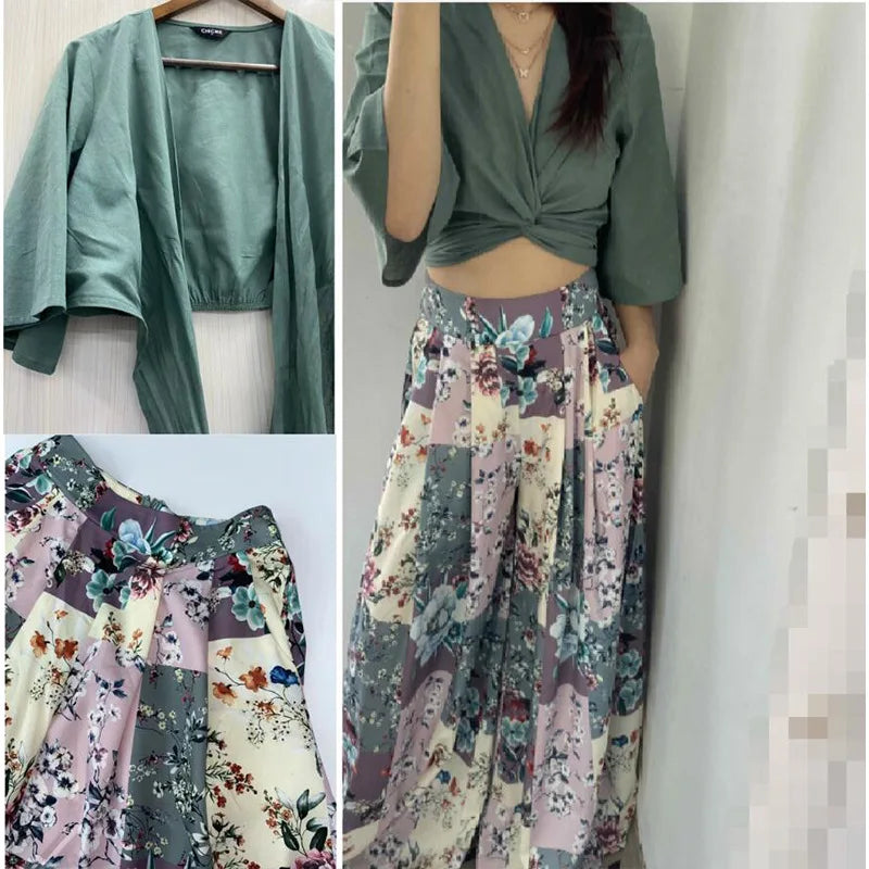 Twisted Open Top and Flower Printed Wide Leg Pants Set