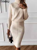 TYHUR Autumn Turtleneck Pullover Sweater + Slim Skirt Two-Piece Set