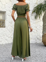 Solid Color Crop Top Wide Leg Pants Set