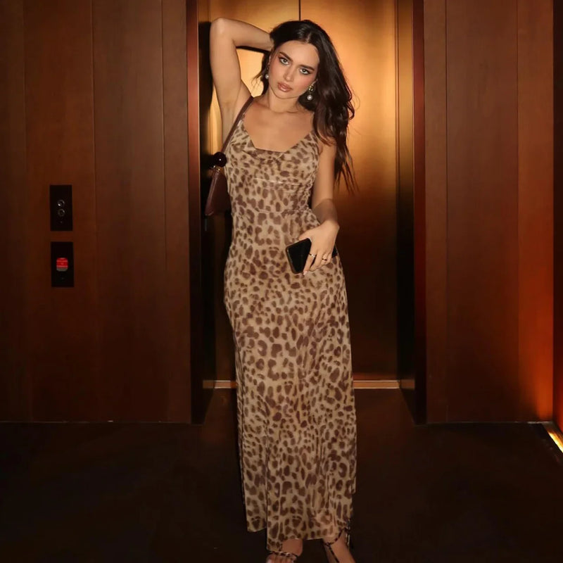 Vintage Leopard Print Tulle Long Dress