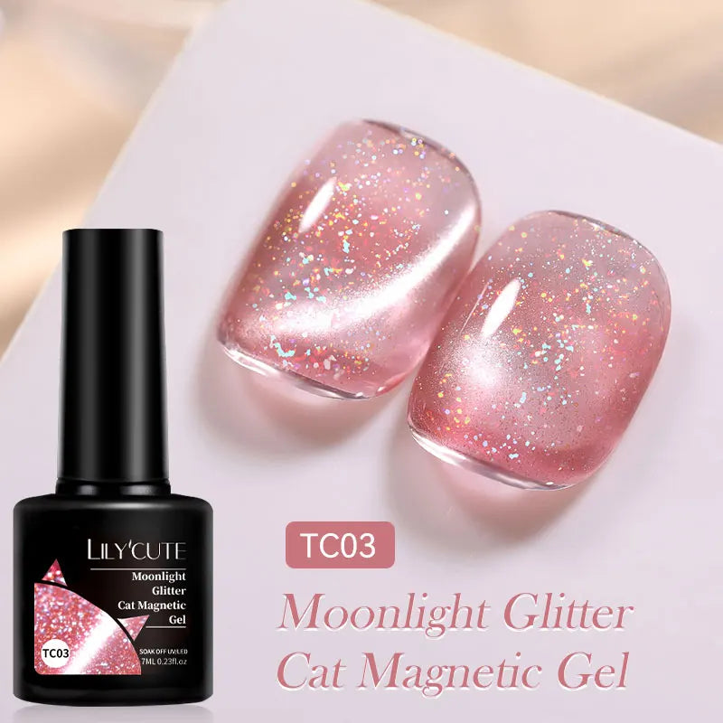 3 IN 1 Platinum Rose Gold Magnetic Gel Nail Polish - Moonlight Magnetic Gel Varnish with Glitter