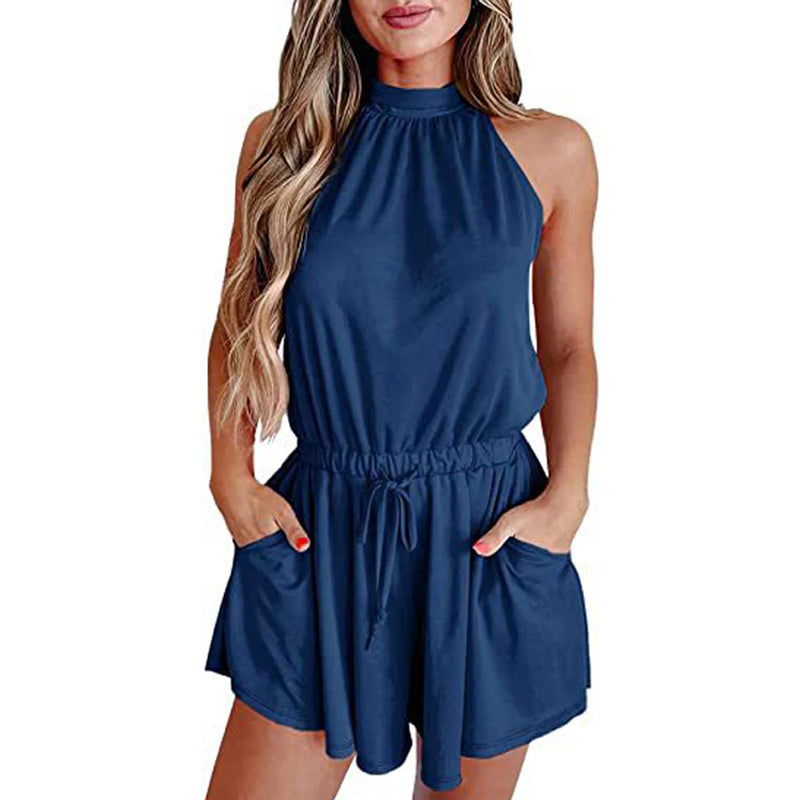 Halter Neck Elastic Waist Shorts Rompers