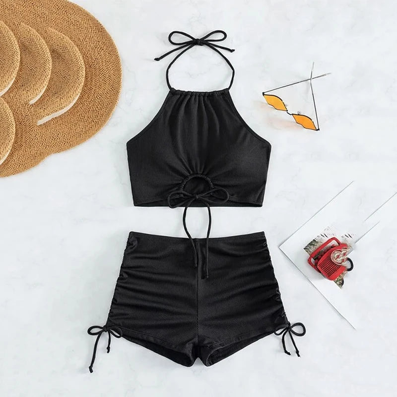 Black Drawstring Swimwear Bikini Set