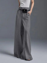 Grey Trousers Loose High Waisted Split-Front Pleated Wide Leg Classic Pants