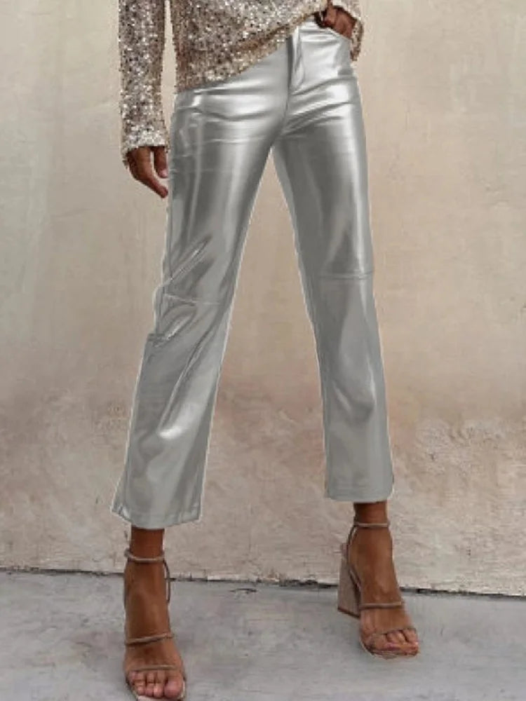 PU Faux Leather Pants - Zipper Classic Leather Slim Cropped Pants