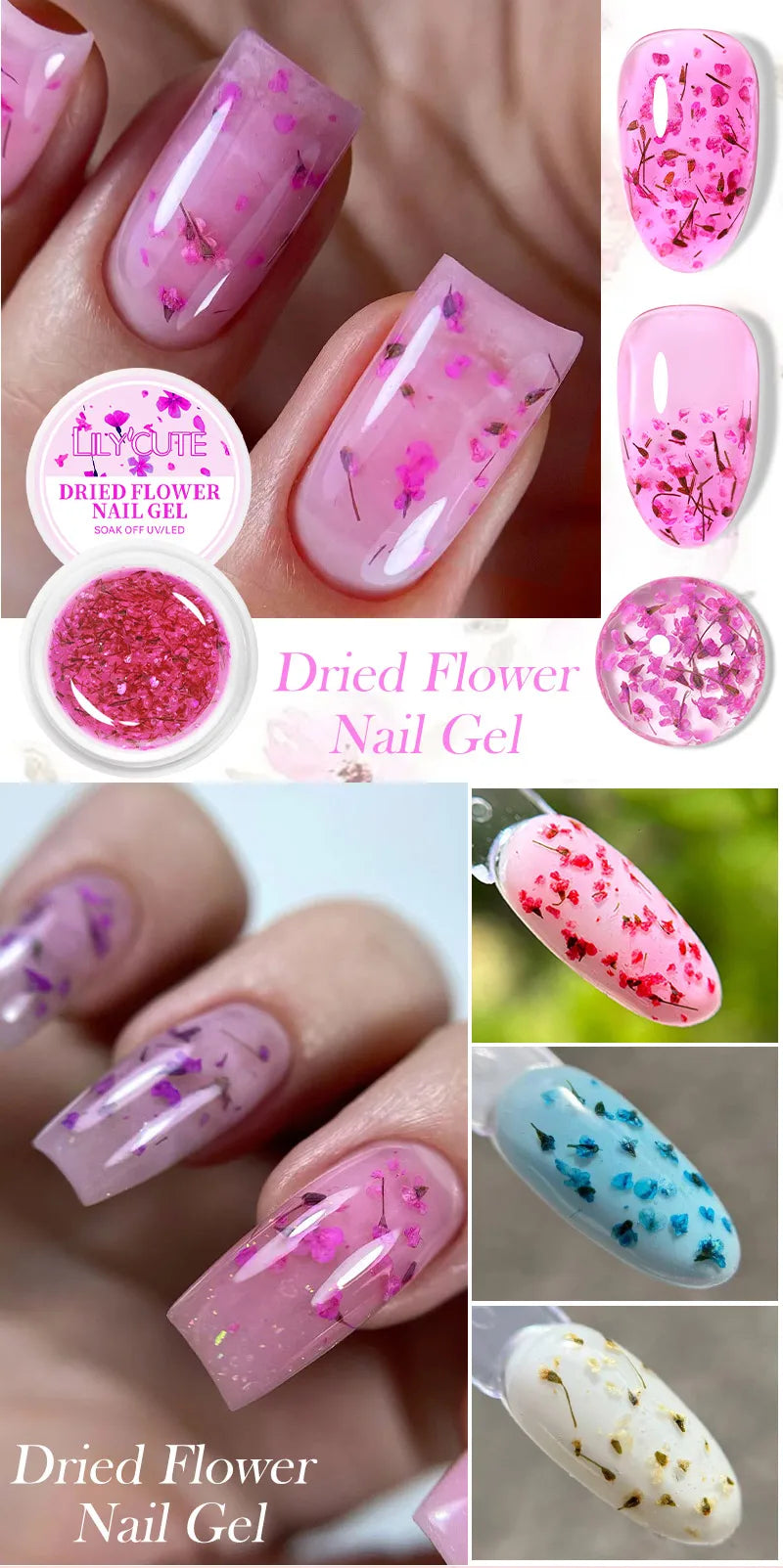 LILYCUTE 8ml Pink Dried Flower Gel Nail Polish – Natural Flower Fairy Nail Art Gel, Soak Off – UV/LED Varnish for Nails DIY