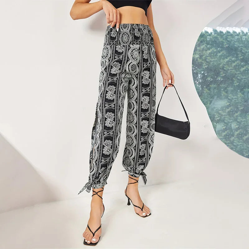 High Waisted Slit Wide Leg Casual Solid Hollow Trousers