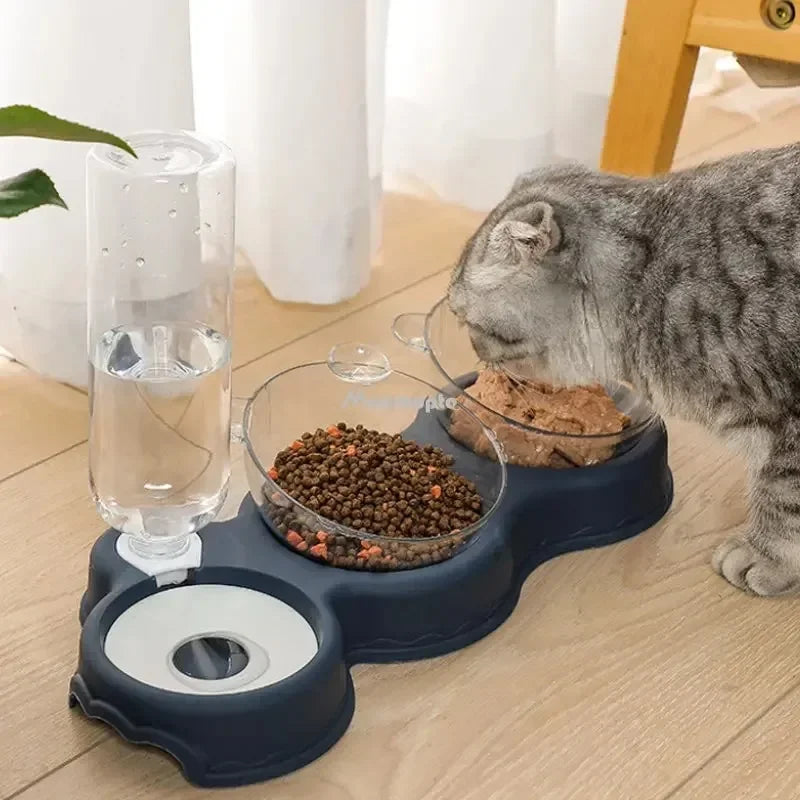 Pet Cat Bowl Automatic Feeder 3-in-1 Dog & Cat Food Bowl with Water Fountain