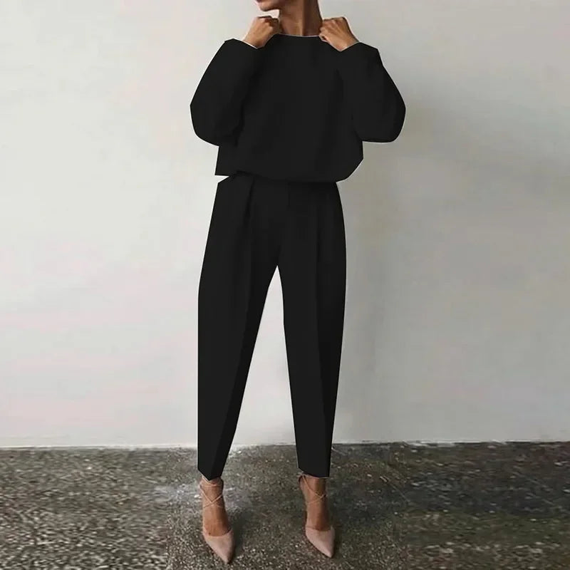 Casual O-neck Full Sleeve Pullover Pleated Long Trousers 2-Piece Outfit