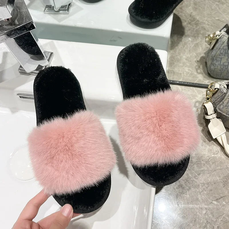 Fluffy Fur Slippers - Fashion Chain Design Women Home Slippers