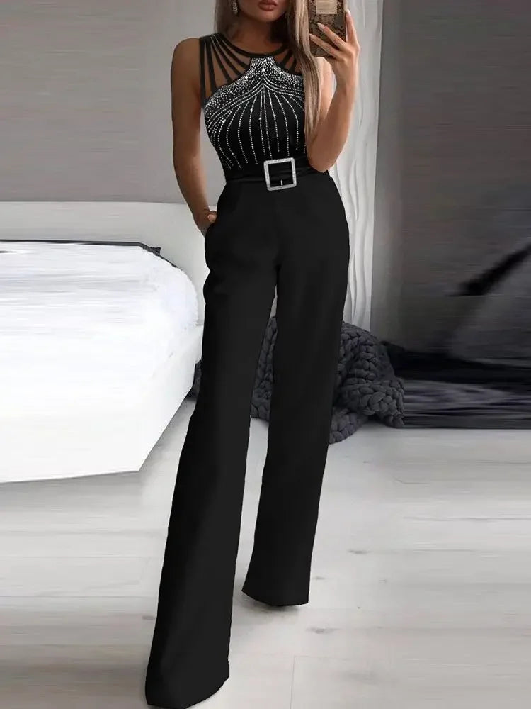 Black Multi Strap Sleeveless Rhinestone Bootcut Jumpsuit