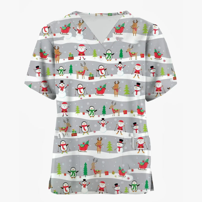 Christmas Holiday V-Neck Short Sleeve Scrub Tops