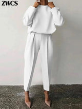 Casual O-neck Full Sleeve Pullover Pleated Long Trousers 2-Piece Outfit