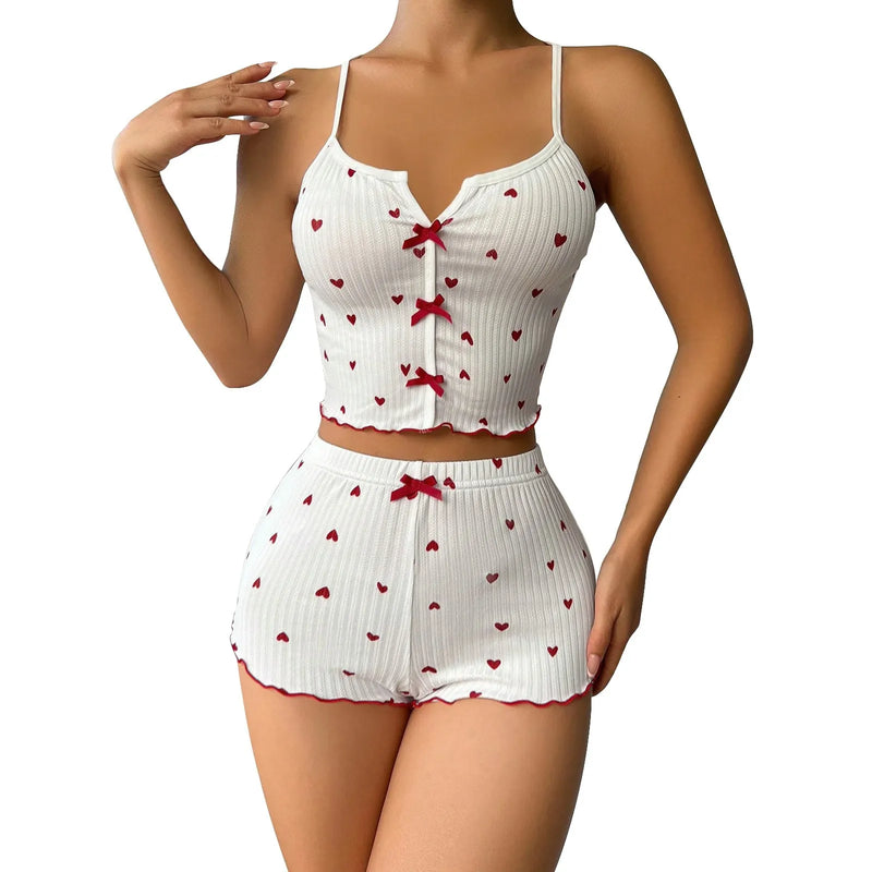 Cute Crop Top and Shorts Ribbed Pajama Set