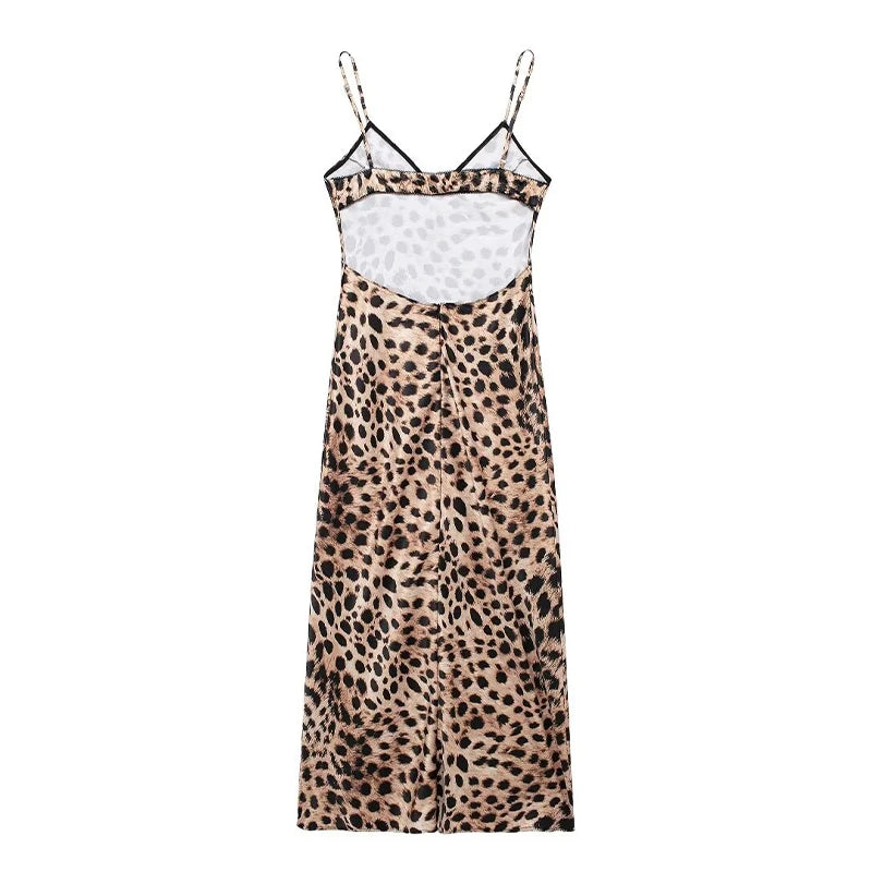 Elegant Sleeveless Leopard Slip Long Dress