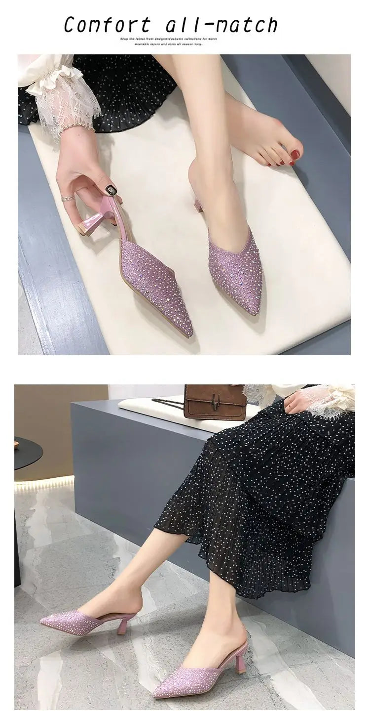 Rhinestone Women's Mule Slides Heeled Pointed Toe