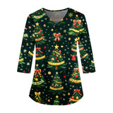 Women's Christmas 3/4 Sleeve Scrub Tops - Fun Christmas Prints