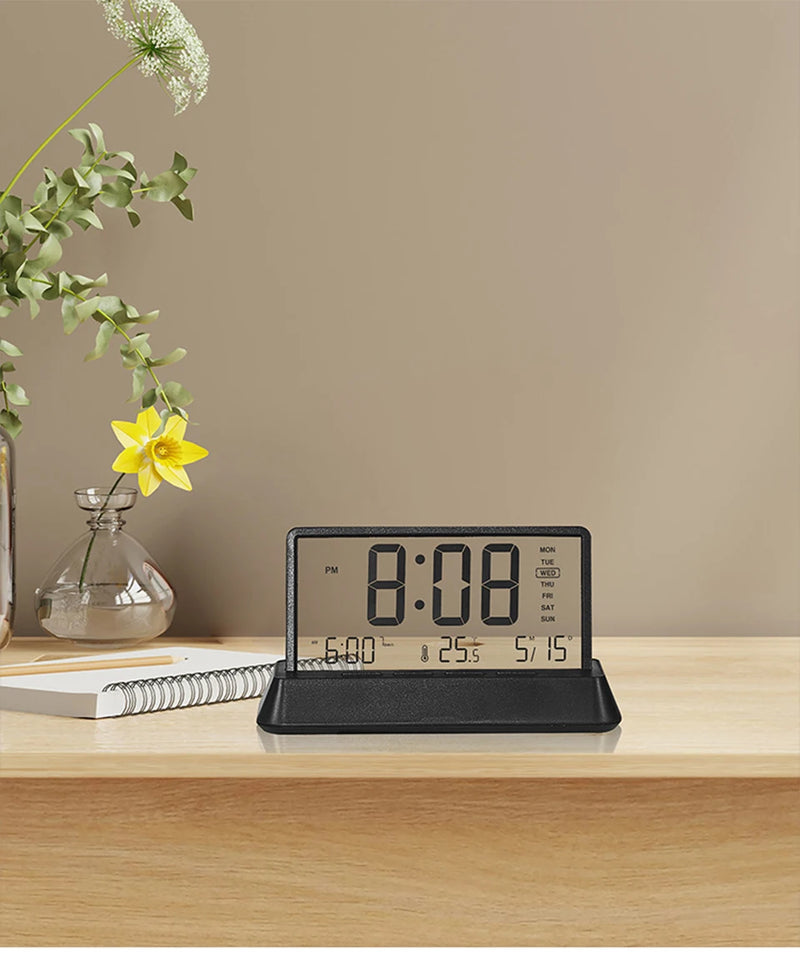 Digital Alarm Clock - Transparent Electronic Desk Clock with Date, Temp, and Large Display Screen